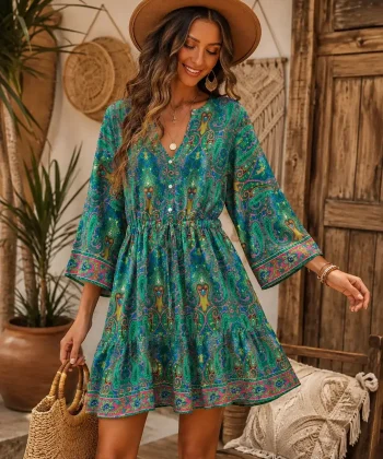 Vestido boho curto verde estampado com mangas amplas e decote em V